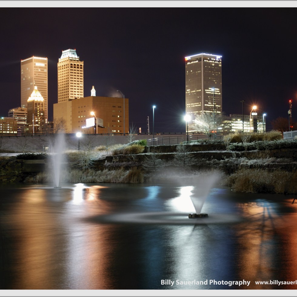 Winter night at Centennial Park and Downtown Tulsa