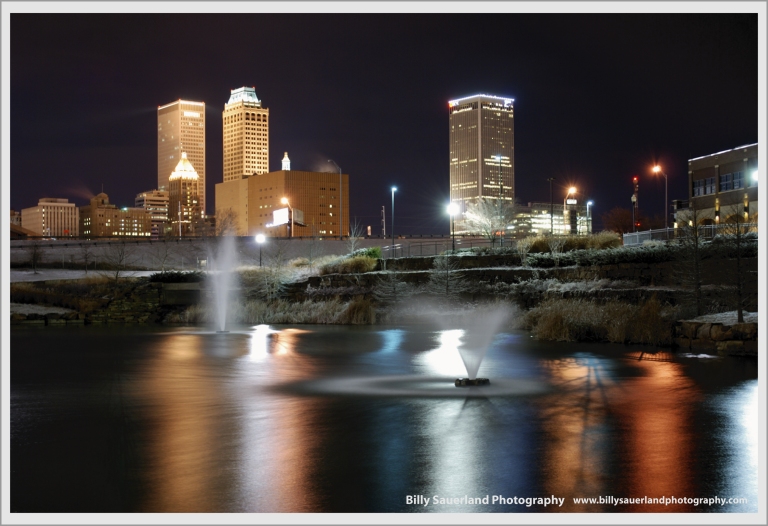 Winter night at Centennial Park and Downtown Tulsa